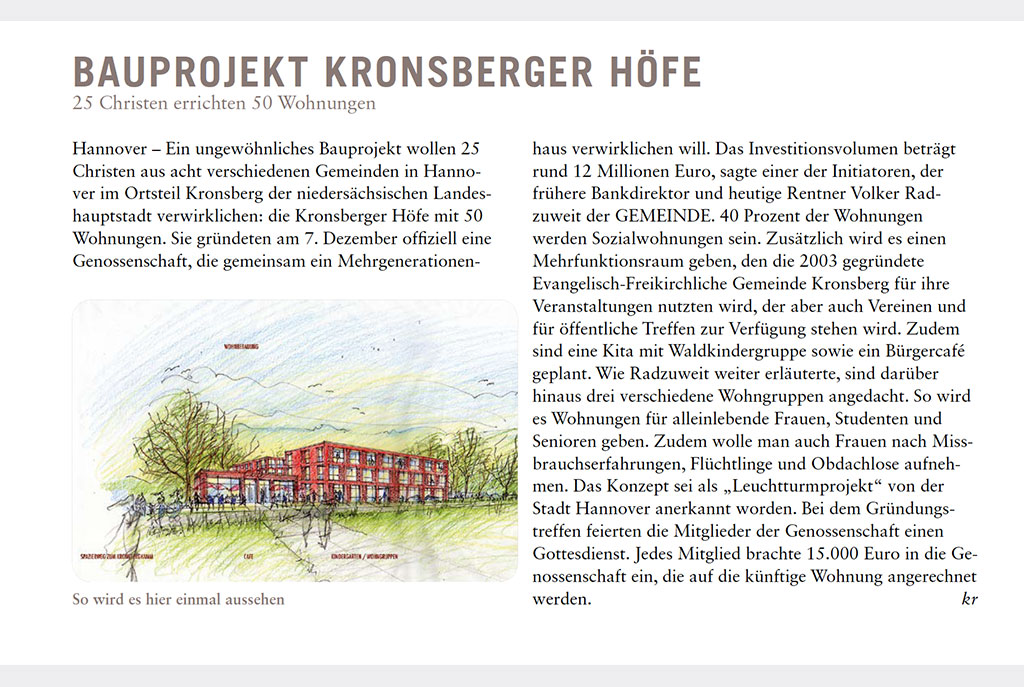 You are currently viewing 29.12.2019: „Bauprojekt Kronsberger Höfe“ Bericht in „Die Gemeinde“